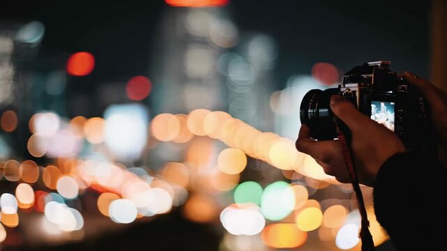 Nighttime digital photography lesson capturing focused hands holding a camera illuminated by soft artificial light with outoffocus city lights behind.
