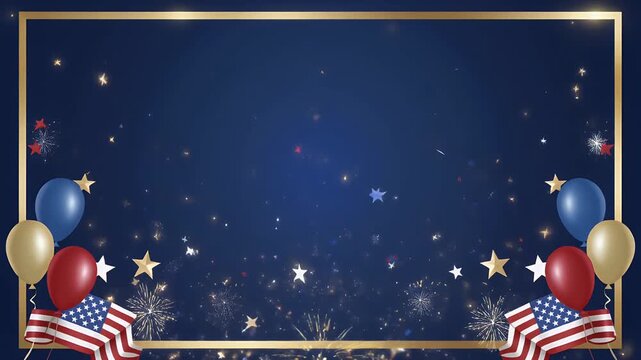 Celebratory gold frame with colorful balloons on dark blue background for party and event promotions