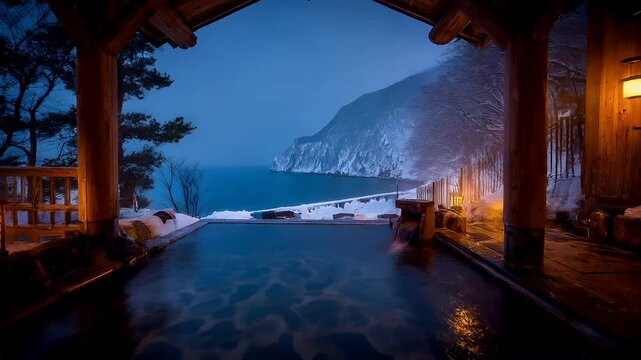 Geothermal hot springs resort, spa, bath pool, winter relaxation vacation theme. A serene winter scene at night, with a wooden gazebo illuminated by a warm light.