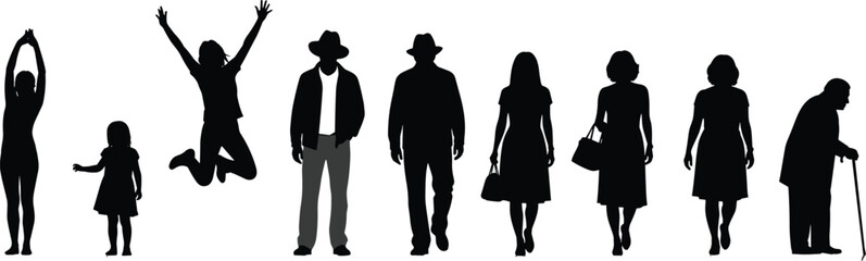 People silhouette set with diverse men women and children in various poses representing life cycle aging process and community diversity