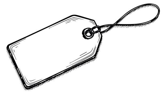 Hand drawn line art illustration of a blank price tag depicting a string loop for retail advertising