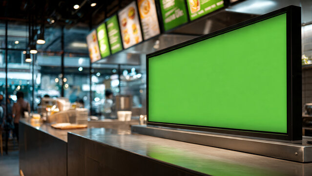 Blank green screen digital display board prominently showcased in a modern fast-casual restaurant or cafeteria interior, ideal for menu boards, advertising, or promotional content mockups