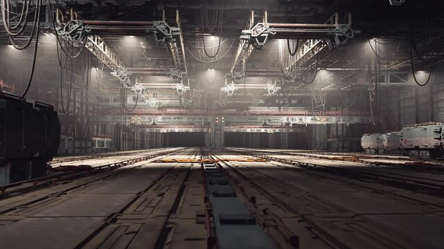 Futuristic logistics hub with automated conveyors and suspended robotics, bright sterile lighting, networked sensors and efficient industrial layout