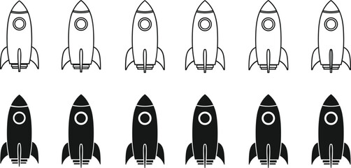 Rocket icons vector illustration, black and white design, space exploration artwork, launch flame clipart, technology graphic collection, propulsion motion contrast © Rahena ARAFAT