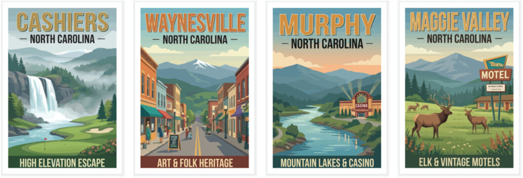 Vintage travel poster set featuring Murphy, Cashiers, Waynesville and Maggie Valley, North Carolina. Mountain landscapes, waterfalls and town street scenery.
