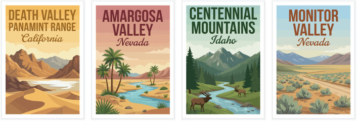 Vintage usa travel poster set. Including death valley panamint range, centennial mountains, monitor valley, and amargosa valley. Retro vector illustration.