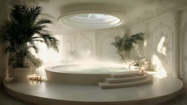 Geothermal hot springs resort, spa, bath pool, winter relaxation vacation theme. A luxurious bathroom with a large, round jacuzzi tub in the center, surrounded by candles and potted plants.