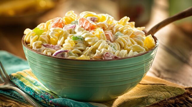 Large pastel-colored plastic bowl filled with creamy fruit pasta salad, plastic serving spoon, 1970s American kitchen backdrop, nostalgic warm lighting