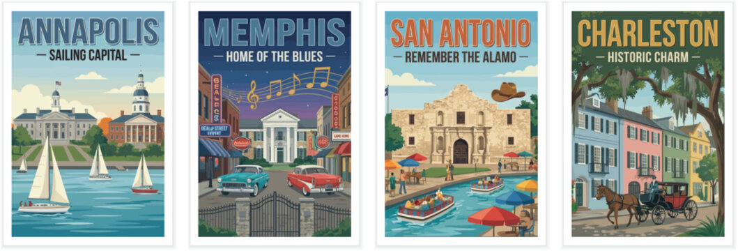 Vintage usa travel poster set. Including annapolis sailing capital, san antonio alamo, charleston historic charm, and memphis home of the blues. Retro vector.