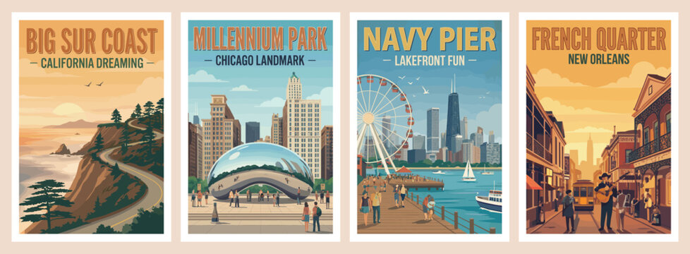Vintage USA travel poster set. Showcasing big sur coast, chicago millennium park, navy pier, and new orleans french quarter scenes. Vector art.