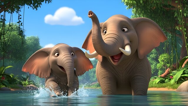 Happy elephant family playing in tropical forest water, colorful 3D illustration