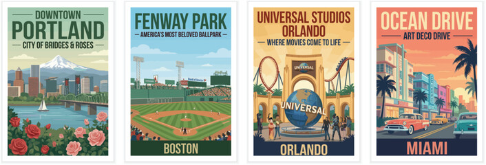 Fototapeta premium Vintage USA travel poster set. Featuring portland bridges, historic baseball stadium, movie theme park, and miami art deco ocean drive. Retro vector art.