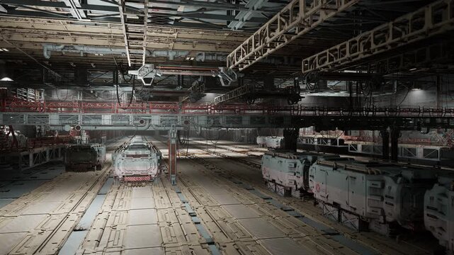 Vast industrial depot with converging tracks and suspended infrastructure, dramatic linear perspective emphasizes scale, complex ceiling grid and repetitive