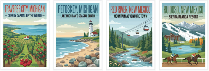 Vintage travel posters of Traverse City, Petoskey, Red River, and Ruidoso. Retro vector art of orchards, lakes, mountain gondolas, and southwest scenery.
