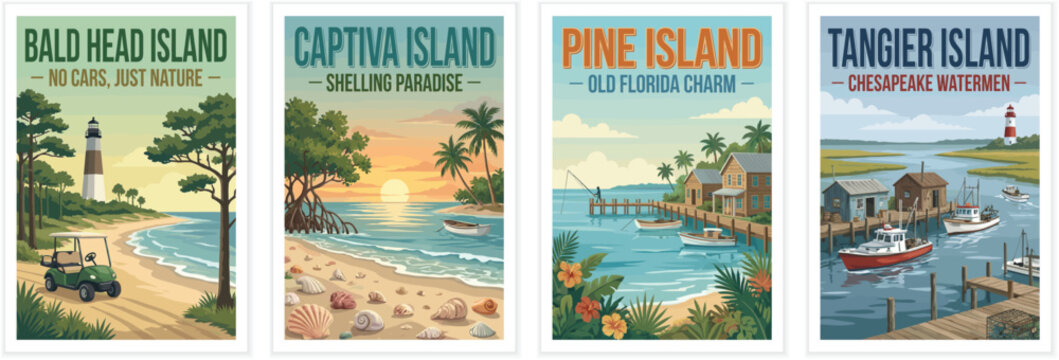 Vintage usa travel poster set. Including bald head island north carolina, captiva and pine island florida, and tangier island virginia. Retro illustration.