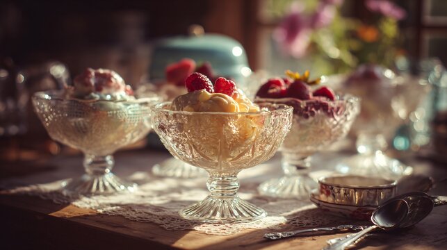 Served in ornate pressed-glass dessert bowls, retro 1950s kitchen backdrop, soft nostalgic lighting