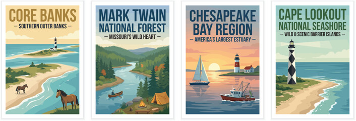 Vintage usa travel poster set. Including core banks, mark twain national forest, chesapeake bay region, and cape lookout. Retro vector illustration.
