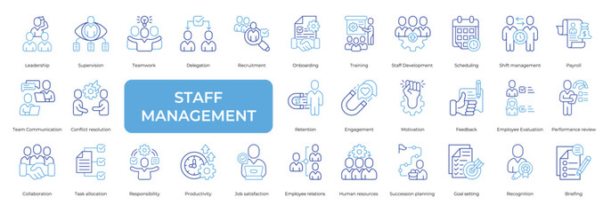Staff Management Icon set Collection in Line Two Color Style. leadership, supervision, teamwork, delegation, recruitment