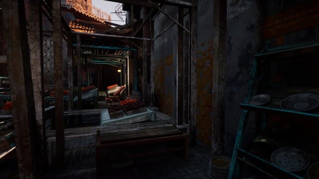 twilight vegetable stall in narrow alley with rustic crates of tomatoes and seasonal produce spilling onto wooden pallets, wet cobblestone reflecting low light,