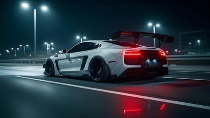 Obraz premium White supercar speeding on highway at night with motion blur