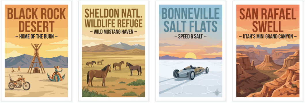 Vintage usa travel poster set. Including black rock desert nevada, sheldon refuge, bonneville salt flats, and san rafael swell utah. Retro vector illustration.