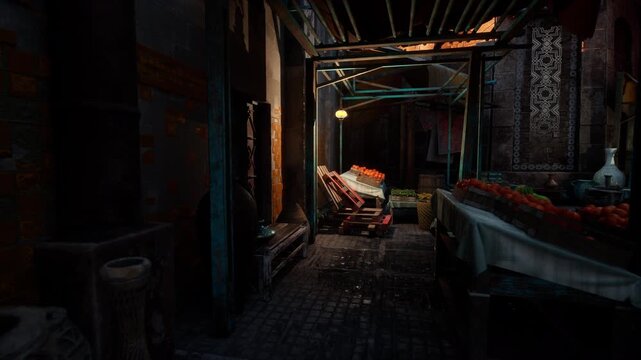 dimly lit market alley with crates, single bulb glowing over abandoned stall stacked with oranges and pallets, wet cobblestone passage, mossy brick walls,
