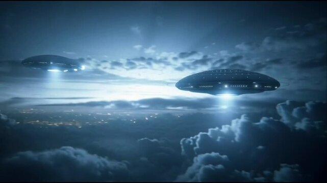 Mysterious UFOs hover above clouds, shining bright lights in the dark night sky, viewed from a distance