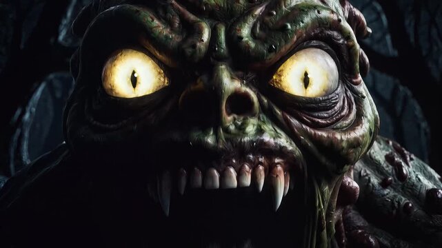Terrifying swamp monster emerging from dark forest at night