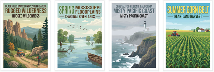 Naklejka premium Vintage usa travel poster set. Including black hills backcountry, mississippi floodplains, misty pacific coast, and summer corn belt. Retro vector illustration.