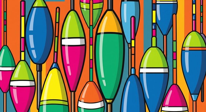 A colorful and vibrant flat lay illustration of various fishing floats and bobbers. The pattern features bright blue, green, pink, and yellow shapes with striped details on an orange background