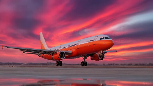 A passenger airplane taking off against a colorful sunset. The plane's reflection is mirrored below