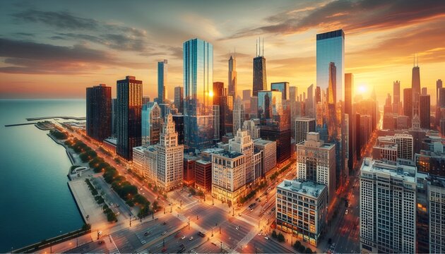 Downtown Chicago Cityscape. Lake Michigan on the Left. Dense Concentration of Historic & Modern  Skyscrapers Buildings Skyline Including the Willis / Sears Tower Magnificent Mile Windy City at Sunset