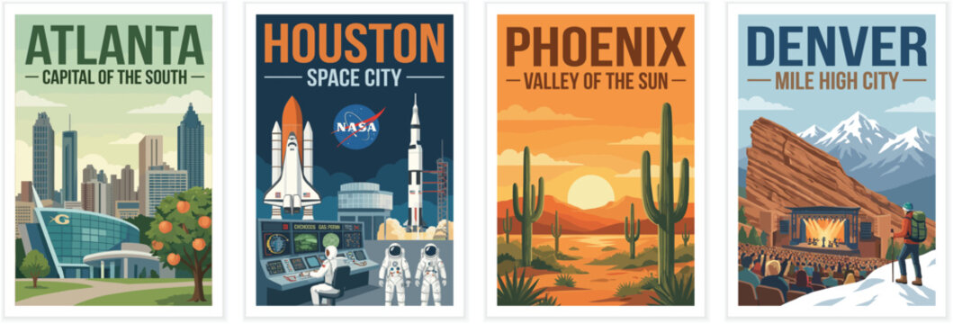 Vintage usa travel poster set. Including atlanta georgia, houston space city, phoenix valley of the sun, and denver colorado. Retro vector illustration.