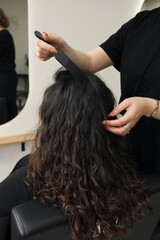 Fototapeta premium Professional hairdresser using a pick comb to create volume at the roots of curly hair. Styling process for natural textured hair in a modern beauty salon.
