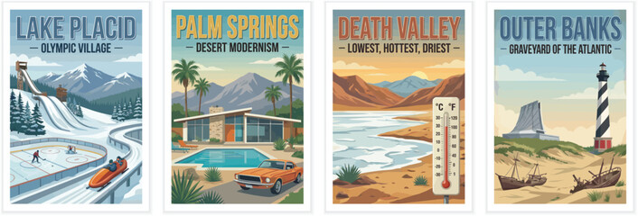 Obraz premium Vintage usa travel poster set. Including lake placid olympic village, palm springs desert modernism, death valley, and outer banks. Retro vector illustration.