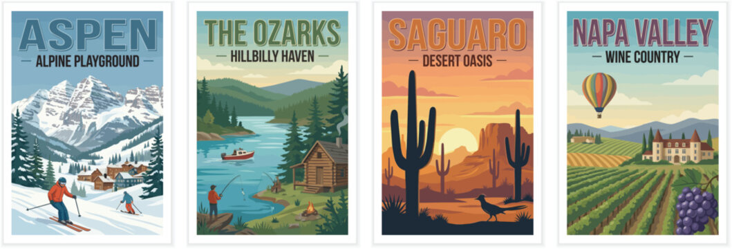 Vintage usa travel poster set. Including aspen colorado skiing, the ozarks, saguaro desert oasis, and napa valley wine country. Retro vector illustration.