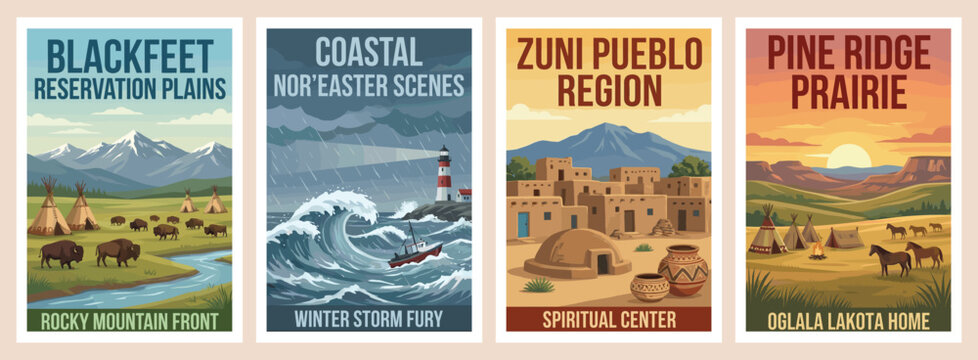 Vintage travel poster collection. Featuring blackfeet reservation, pine ridge prairie, zuni pueblo, and coastal winter storm scenes. Vector illustration.