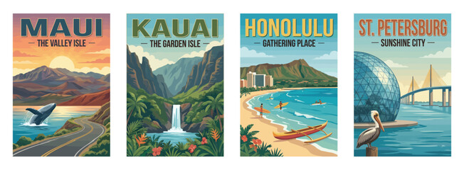 Fototapeta premium Vintage USA travel poster set. Featuring maui, honolulu, kauai, and st petersburg coastal scenes. Retro tropical landscape vector illustration.