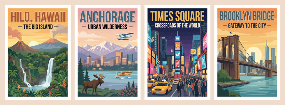 Vintage USA travel poster set. Featuring hilo, anchorage, times square, and brooklyn bridge city scenes. Retro urban vector illustration.