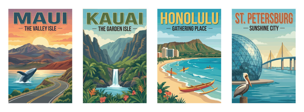 Vintage USA travel poster set. Featuring maui, honolulu, kauai, and st petersburg coastal scenes. Retro tropical landscape vector illustration.