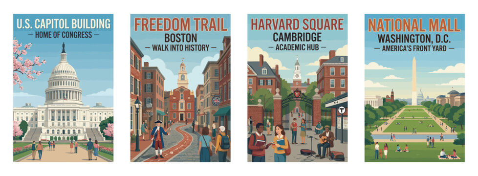 Vintage USA travel poster set. Including capitol building, freedom trail, academic campus, and national mall landmarks. Retro vector illustration.