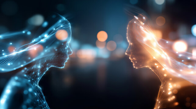 Abstract wide format artwork of two luminous human silhouettes facing each other across a blurred transitional space both dissolving at the edges into flowing data particles that
