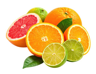 Fototapeta premium Fresh citrus fruits including oranges, grapefruit, and limes, whole and cut