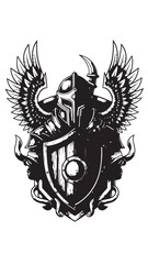 Heraldic emblem featuring a winged helmeted shield with ornate crest and bold decorative elements.