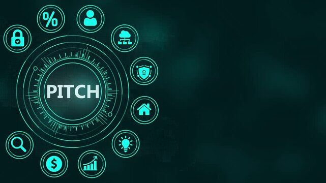 Futuristic Digital Interface Displaying the Word PITCH Surrounded by Business Icons and a World Map Background