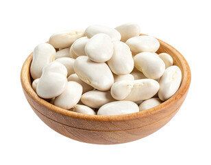 A wooden bowl overflows with plump, smooth, white beans on a dark background
