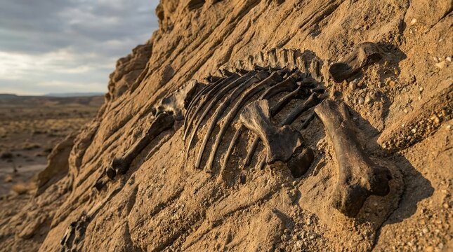 Ancient dinosaur fossil embedded in rocky desert cliff under cloudy sky