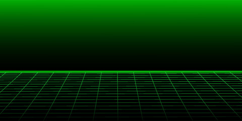 Glowing cyber grid digital banner. Green black gradient wireframe net background. Futuristic perspective of cyberspace and metaverse. © Alfin