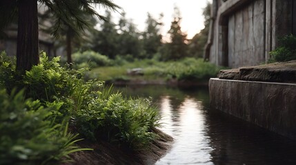 Obraz premium Serene natural landscape with lush greenery ancient stone walls and calm water reflecting soft dawn light