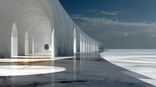 A long, white arched corridor reflects into a shiny marbled floor, leading to horizon